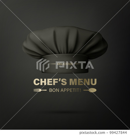 Vector Banner with 3d Realistic Black Chef Hat, Toque on Black Background. Cook, Baker Chef Cap Design Template. Bakery, Restaurant, Kitchen Uniform. Cotton Hat, Professional Clothes 99427844