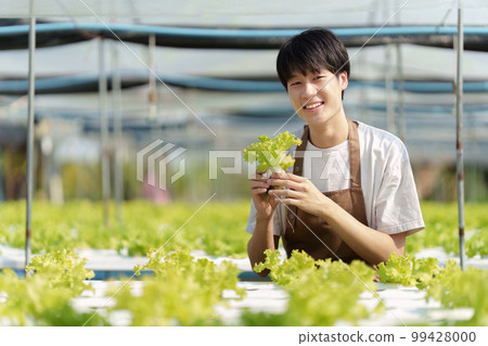 Portrait of farm owner smiling. Asian male business working at organic farm and quality control. Portrait of farm owner smiling. Asian male business working at organic farm and quality control. 99428000