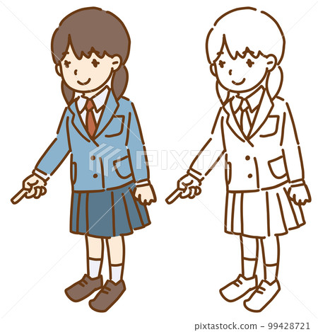 Vector illustration of a female student pointing down (ground) with her finger Blazer uniform 99428721