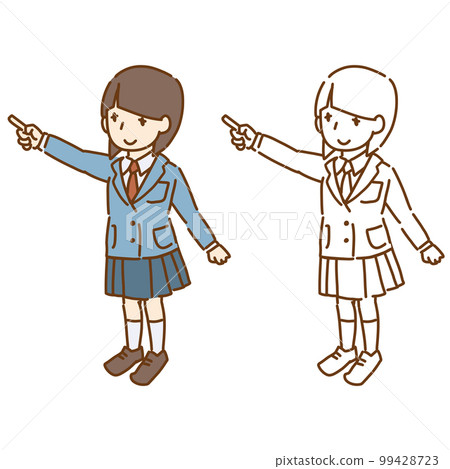 Vector illustration of a female student pointing up with a finger Blazer uniform Patsun bangs 99428723