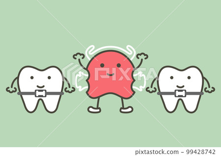 Healthy orthodontics teeth and orthodontics teeth retainer or dental brace bracket - tooth cartoon vector flat style Healthy orthodontics teeth and orthodontics teeth retainer or dental brace bracket - tooth cartoon vector flat style 99428742