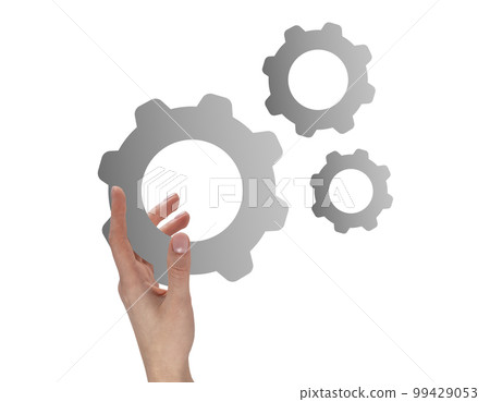 Woman hand holding gear isolated on white background. Strategy, process organization, business idea concept in abstract style. Unity and connection symbol. High quality photo 99429053