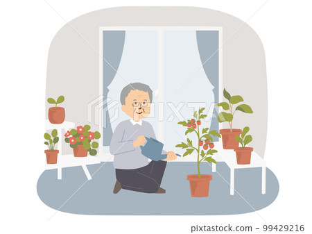 Illustration of a Senior Man Watering Plants on the Veranda 99429216