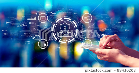 Cyber security theme with person using a smartphone at night 99430208