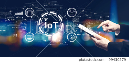 IoT theme with businessman using a tablet computer IoT theme with businessman using a tablet computer 99430279