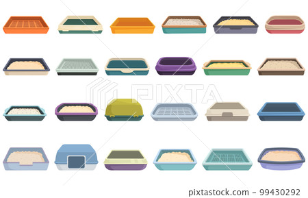 Cat tray icons set cartoon vector. Toilet sandbox. Animal box 99430292