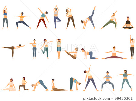 Stretching icons set cartoon vector. Yoga pilates. Woman flexible 99430301