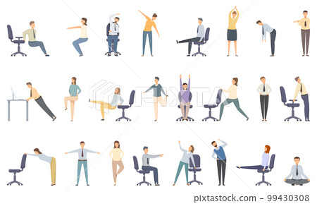 Office workout icons set cartoon vector. Ergonomic break. Sport activity Office workout icons set cartoon vector. Ergonomic break. Sport activity 99430308