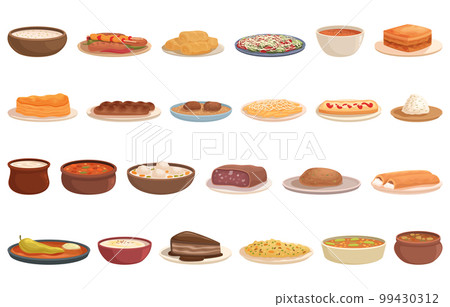 Bulgarian food icons set cartoon vector. Pepper food. Home clay Bulgarian food icons set cartoon vector. Pepper food. Home clay 99430312