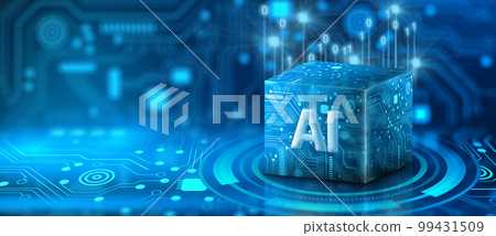 Ai Processor chip of Cube Technology. Big data storage, Cloud computing, Machine learning, Ai blockchain technology. Artificial intelligence learnability Concept. 99431509