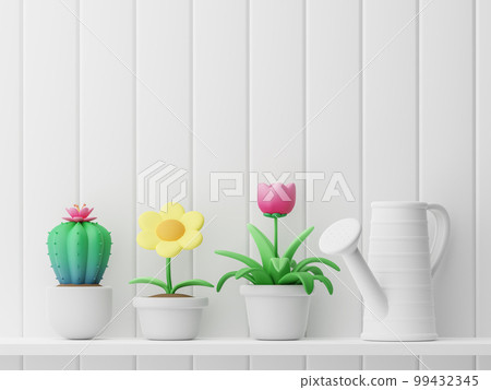 Cute cartoon style empty plank wall decorated with colorful small plants 3D render Cute cartoon style empty plank wall decorated with colorful small plants 3D render 99432345