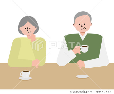 Illustration of a middle-aged couple chatting while drinking coffee 99432352