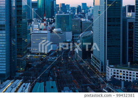 Tokyo cityscape View of Yurakucho, Ginza, and Shiodome from Tokyo Station in the early morning Tokyo cityscape View of Yurakucho, Ginza, and Shiodome from Tokyo Station in the early morning 99432381