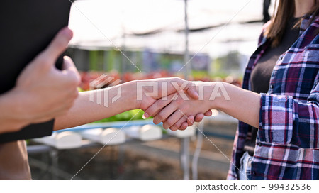 Cropped image of a female organic vegetables farm owner shaking hand with a male scientist 99432536