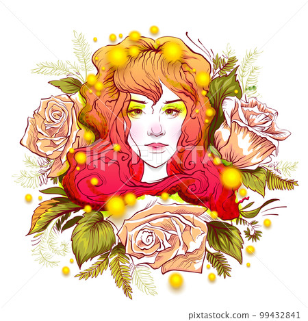 Beautiful young woman face portrait among flowers bud rose 99432841