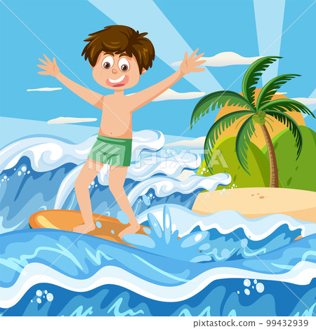 A boy surfing at the beach background - Stock Illustration [99432939 ...