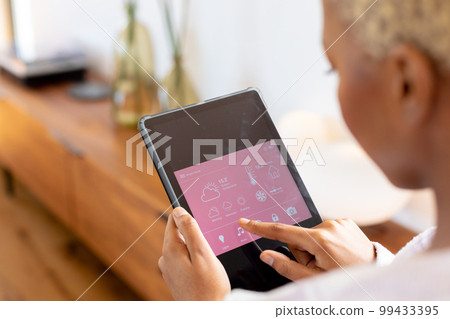 African american woman using using tablet with smart home interface 99433395