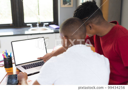 Diverse teenage boys using laptop with copy space at home Diverse teenage boys using laptop with copy space at home 99434256