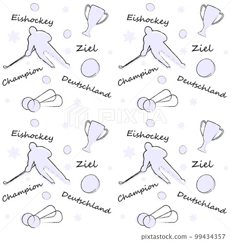 Seamless pattern with hockey player silhouette, puck, cup, medals and inscriptions in German. Translation Germany, champion, goal, ice hockey. Ice hockey world championship 2023 concept. Vector image. Seamless pattern with hockey player silhouette, puck, cup, medals and inscriptions in German. Translation Germany, champion, goal, ice hockey. Ice hockey world championship 2023 concept. Vector image. 99434357