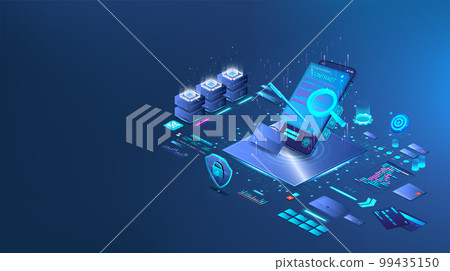 Isometric blue illustration smart contract concept. Digital format agreements with electronic documents 99435150