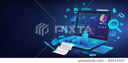 Business dashboard finance management on 3D laptop Business dashboard finance management on 3D laptop 99435167