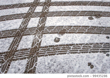 Snow and tire tracks on the road in winter Snow and tire tracks on the road in winter 99435286