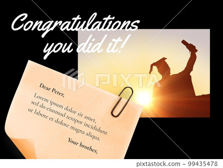Composite of boy wearing graduation gown and mortarboard with congratulations you did it and note Composite of boy wearing graduation gown and mortarboard with congratulations you did it and note 99435478