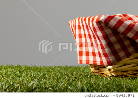 Red and white vichy fabric and basket lying on green grass 99435971