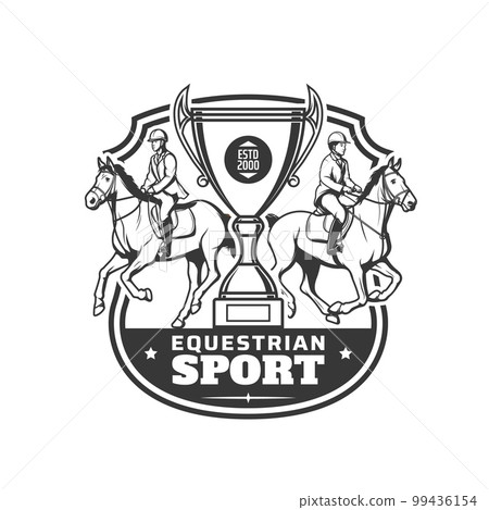 Equestrian sport icon, horse races sport club vector symbol with victory cup. Racing tournament or jockey polo game and equine steeplechase races championship badge with horses and winner goblet 99436154