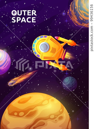 Starship in starry galaxy, space landscape. Vector futuristic poster with shuttle engine or spacecraft travel in Universe explore alien planets, stars and asteroids. Cosmic exploration mission, trip 99436156