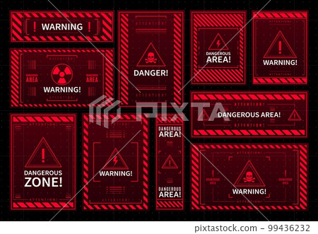 Danger and warning red interface frames. Contamination accident caution, electricity strike alert or radiation beware HUD vector system window. Hazard dangerous area future frame or Sci Fi display Danger and warning red interface frames. Contamination accident caution, electricity strike alert or radiation beware HUD vector system window. Hazard dangerous area future frame or Sci Fi display 99436232