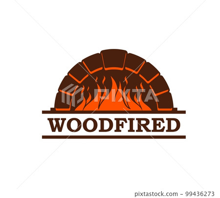 Fireplace, firewood stove icon. Bakery shop firewood chimney, Italian cuisine restaurant hearth or barbeque bar cooking stove vector icon. Pizzeria fireplace with burning wood symbol or emblem 99436273
