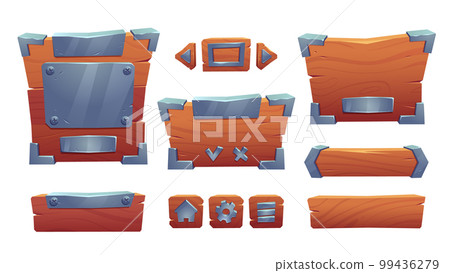Cartoon set of wood and iron game ui boards Cartoon set of wood and iron game ui boards 99436279