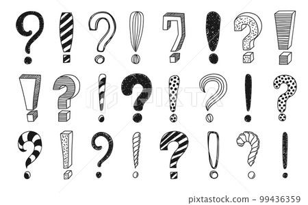 Doodle exclamation and question marks. Hand drawn punctuations symbols, attention or warning sign, FAQ advice information or interrogation vector icons with pen or ink stroke question exclamation mark Doodle exclamation and question marks. Hand drawn punctuations symbols, attention or warning sign, FAQ advice information or interrogation vector icons with pen or ink stroke question exclamation mark 99436359