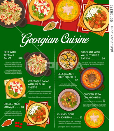 Georgian cuisine restaurant meals menu. Eggplant with sauce satsivi, meat Mtsvadi, beef Kharcho and soup Chikhirtma, beef with Tkemali sauce and salad with sulguni cheese, chicken stew Chakhokhbili 99436373
