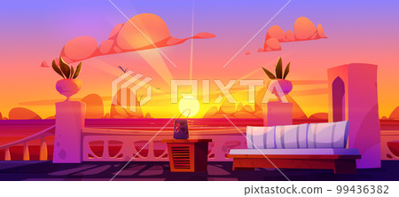 View from hotel terrace at sunrise over seawater 99436382