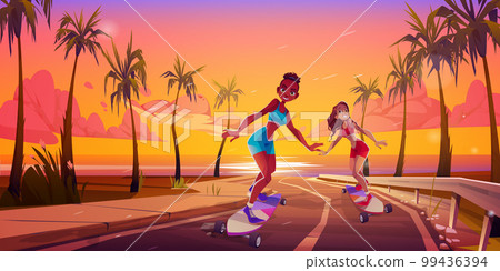 Young sexy woman on skateboard riding palm road Young sexy woman on skateboard riding palm road 99436394