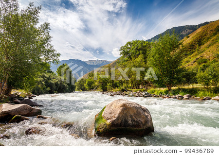 Mountain river in Turgen gorge. Kazakhstan nature in central asia Mountain river in Turgen gorge. Kazakhstan nature in central asia 99436789