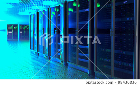 Server room. Server data center. Backup, mining, hosting, mainframe, farm and computer rack with storage information. 3d rendering Server room. Server data center. Backup, mining, hosting, mainframe, farm and computer rack with storage information. 3d rendering 99436836