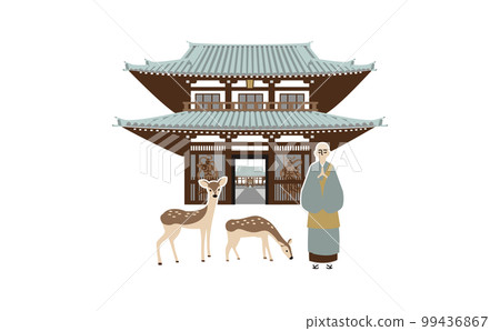 Illustration of the temple gate, deer and monk No outline Illustration of the temple gate, deer and monk No outline 99436867
