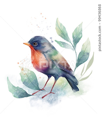 Watercolor robin green leaves. Spring illustration with bird. Nature print for design. Watercolor robin green leaves. Spring illustration with bird. Nature print for design. 99436868