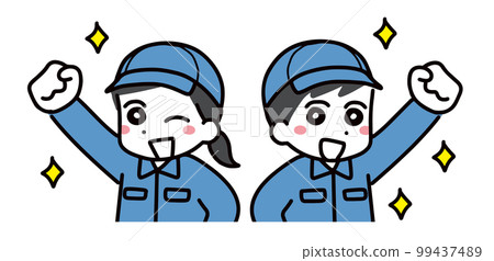 身穿工作服、戴著工作帽、微笑的年輕男女握緊拳頭(上身) 身穿工作服、戴著工作帽、微笑的年輕男女握緊拳頭(上身) 99437489