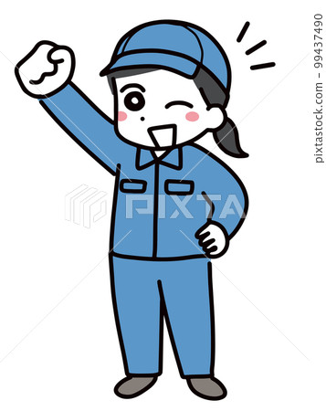 一位身穿工作服、戴著帽子的年輕女子微笑著握拳(全身) 一位身穿工作服、戴著帽子的年輕女子微笑著握拳(全身) 99437490