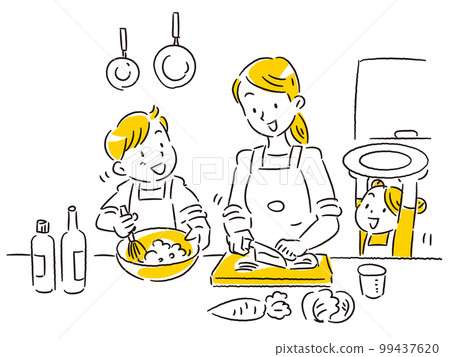 A young mother standing in the kitchen with her two children 99437620