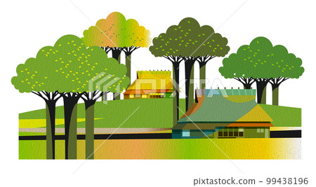 油畫風格日本山村的美麗風景與古老的民居。 油畫風格日本山村的美麗風景與古老的民居。 99438196