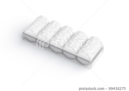 Blank white plastic round chip stack in tray mockup, isolated 99438275