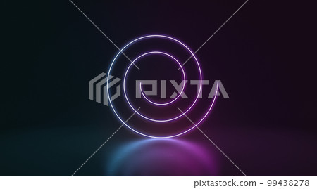 Colored neon glowing volute frame stand in darkness 99438278