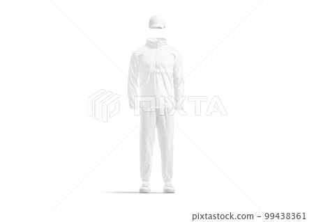 Blank white windbreaker, baseball cap, sweatpants and sneakers mockup, isolated 99438361