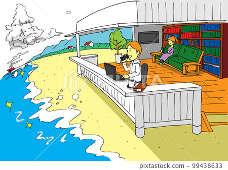 您可以在沿海地區舒適地遠程工作的衛星辦公室插圖 您可以在沿海地區舒適地遠程工作的衛星辦公室插圖 99438633