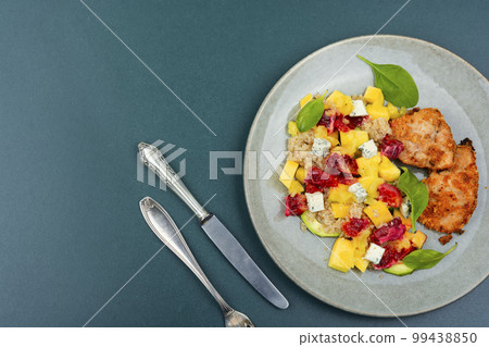 Meat salad with citrus fruits, cheese and quinoa 99438850